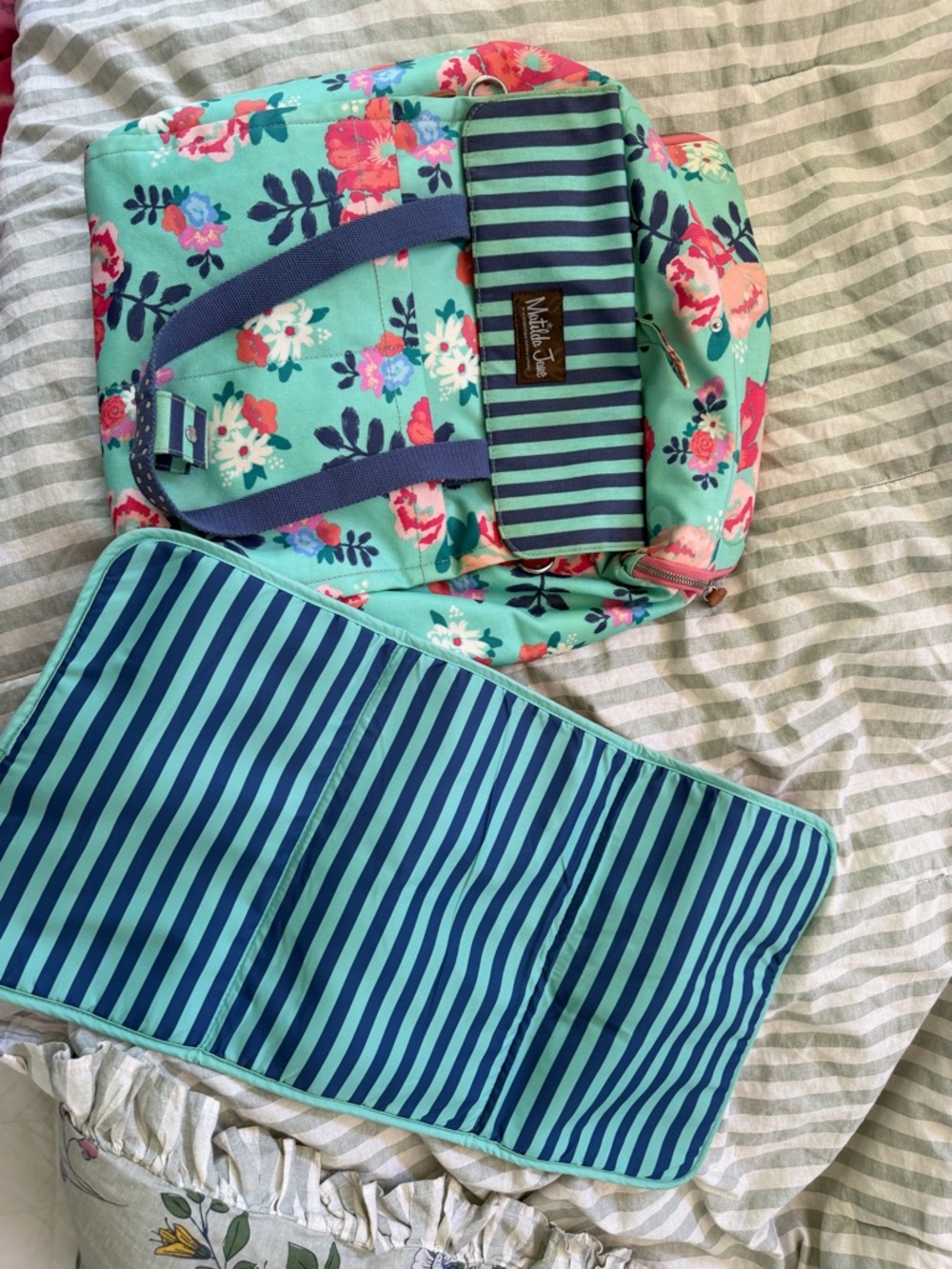 Floral Mint Backpack with Navy & Teal Stripes